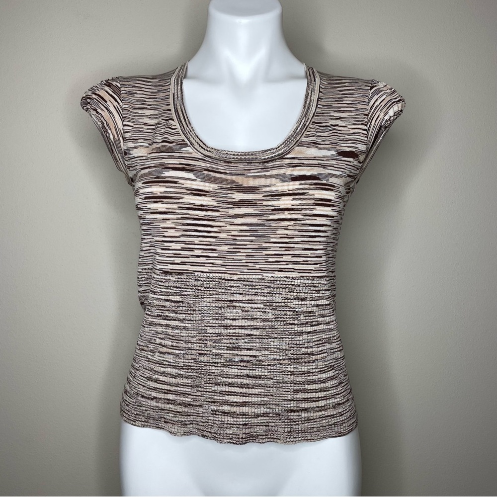 Vintage 70s Striped Brown, Tan and Cream Cap Sleeved Knit Tee